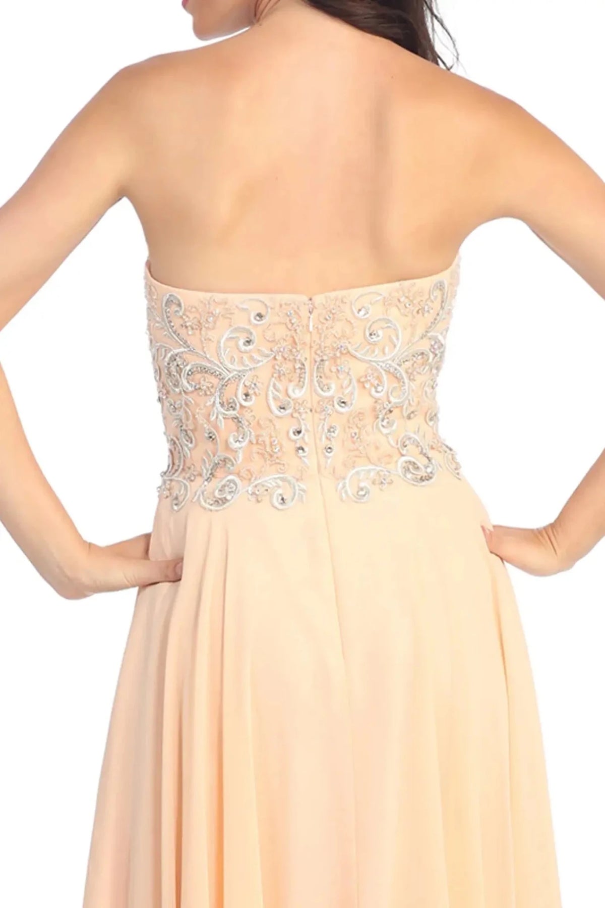 Peach prom evening dress a-line skirt detail