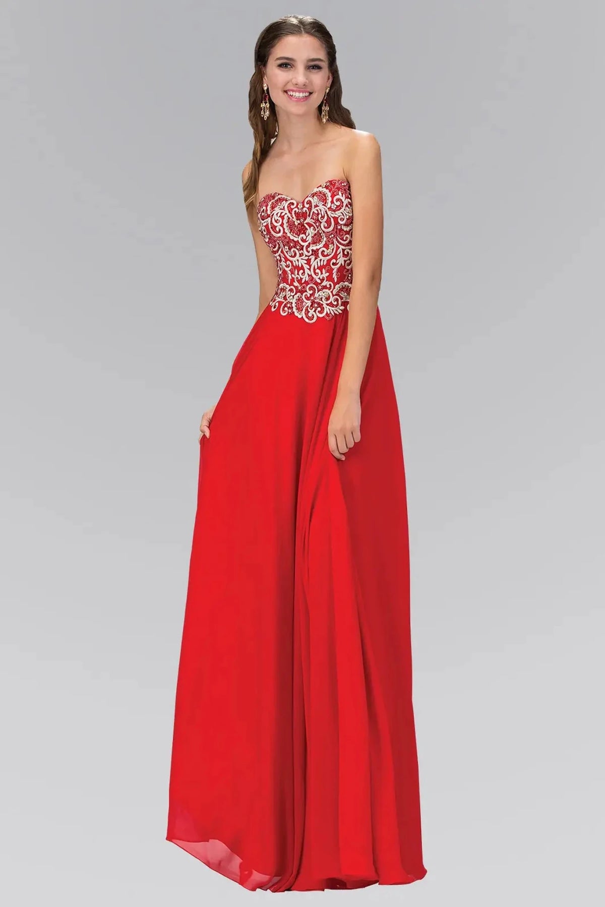 Red embroidered strapless prom evening dress full front