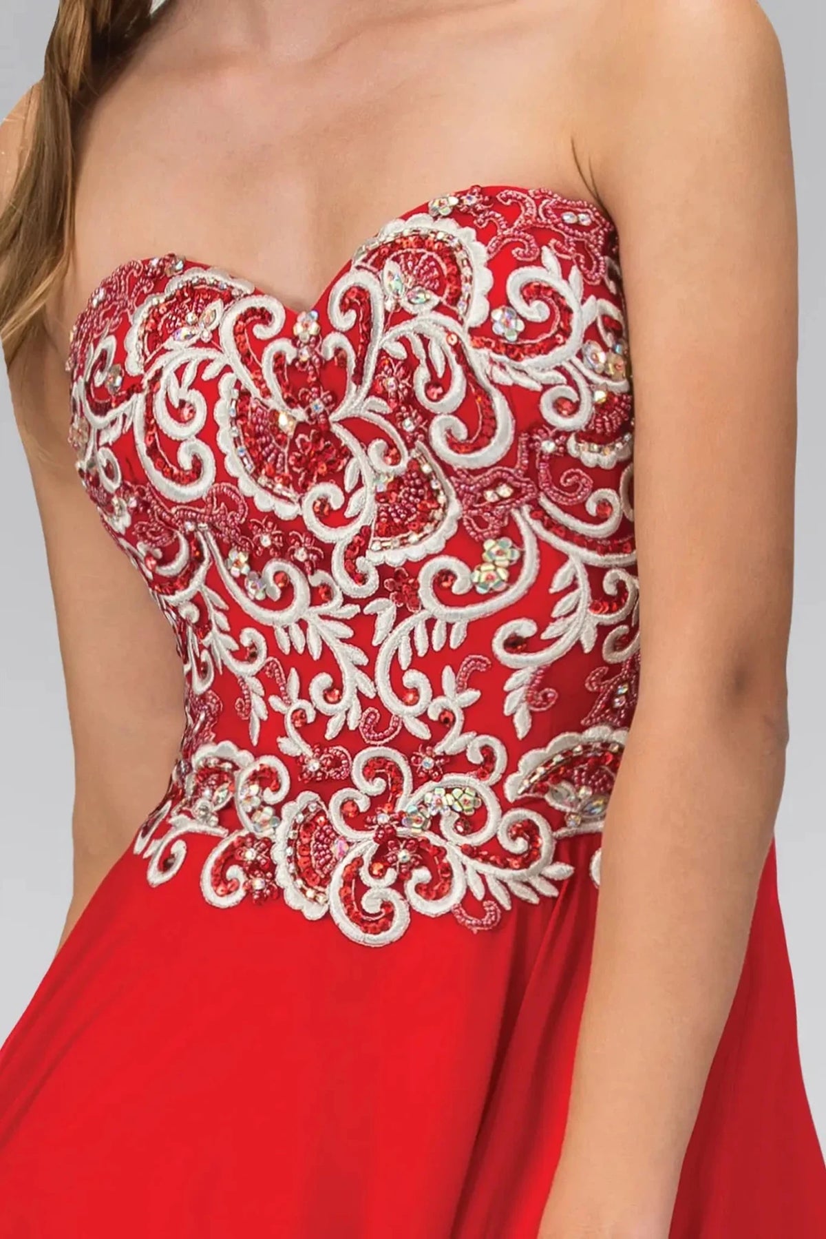 Red sweetheart prom evening dress upper front with beads, embroidery