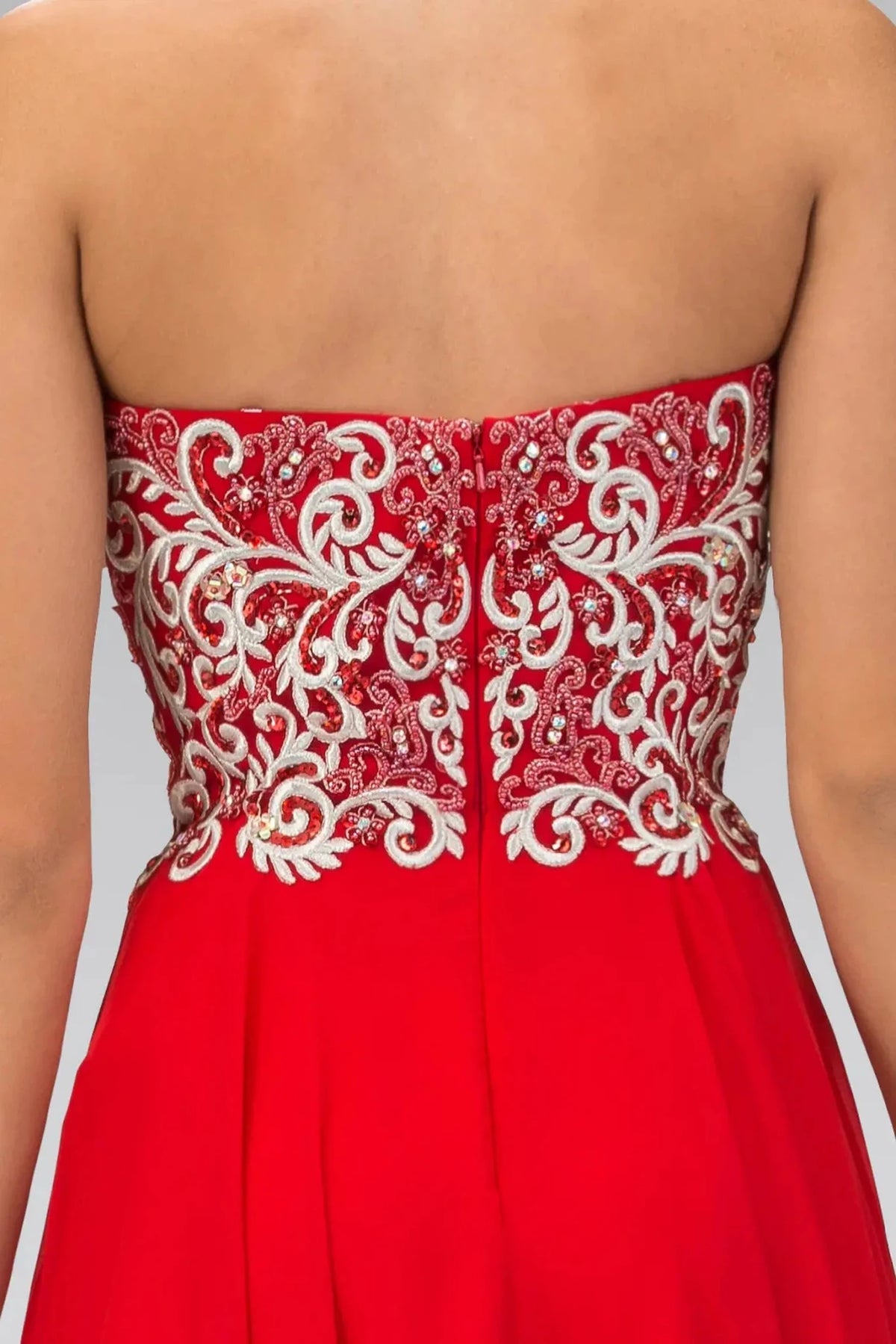 Red prom evening dress a-line skirt detail