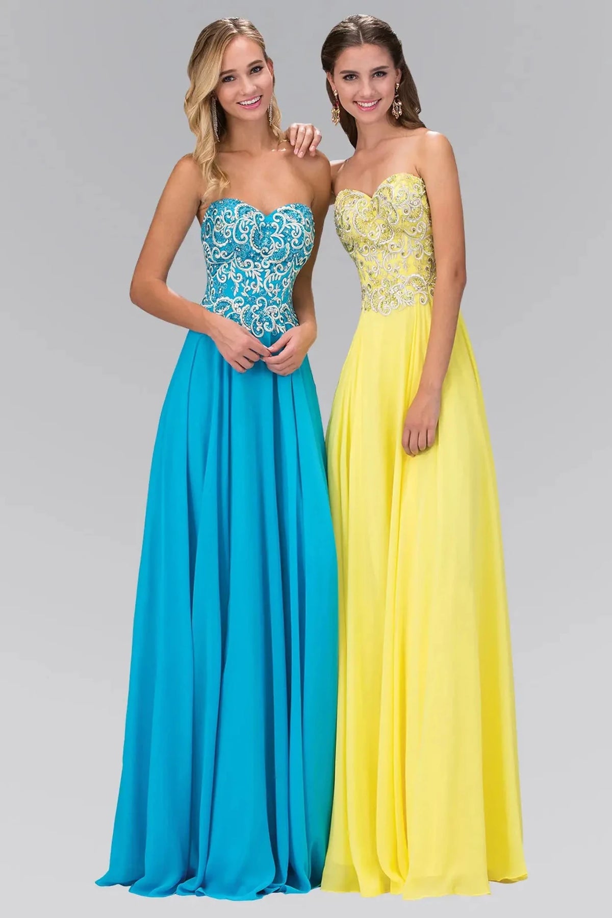 Yellow embroidered strapless prom evening dress full front