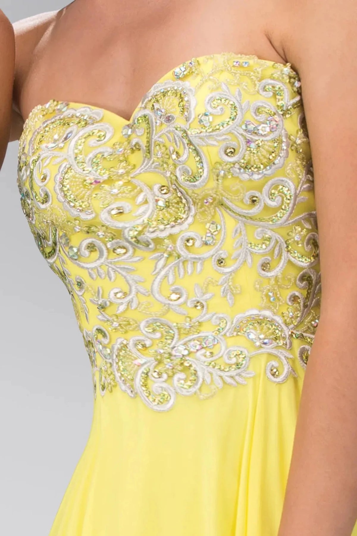 Yellow prom evening dress full back with open back
