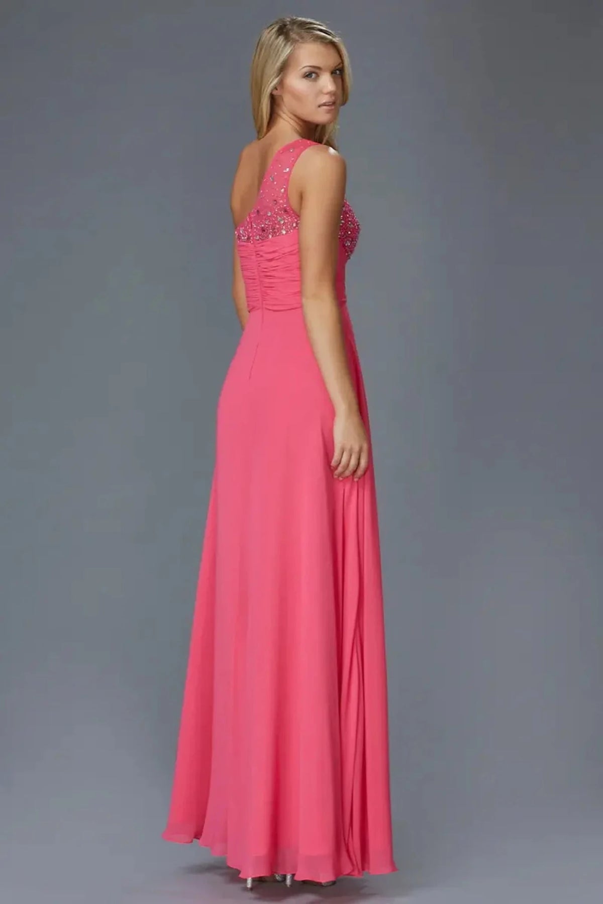Fuchsia beaded one-shoulder prom evening dress full front
