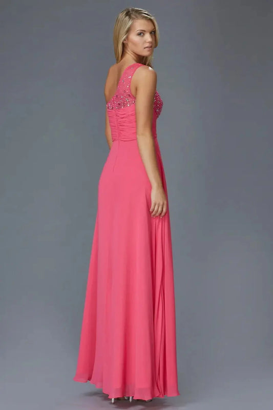 Full-length front view shows beaded one-shoulder styling on the Fuchsia prom evening dress.