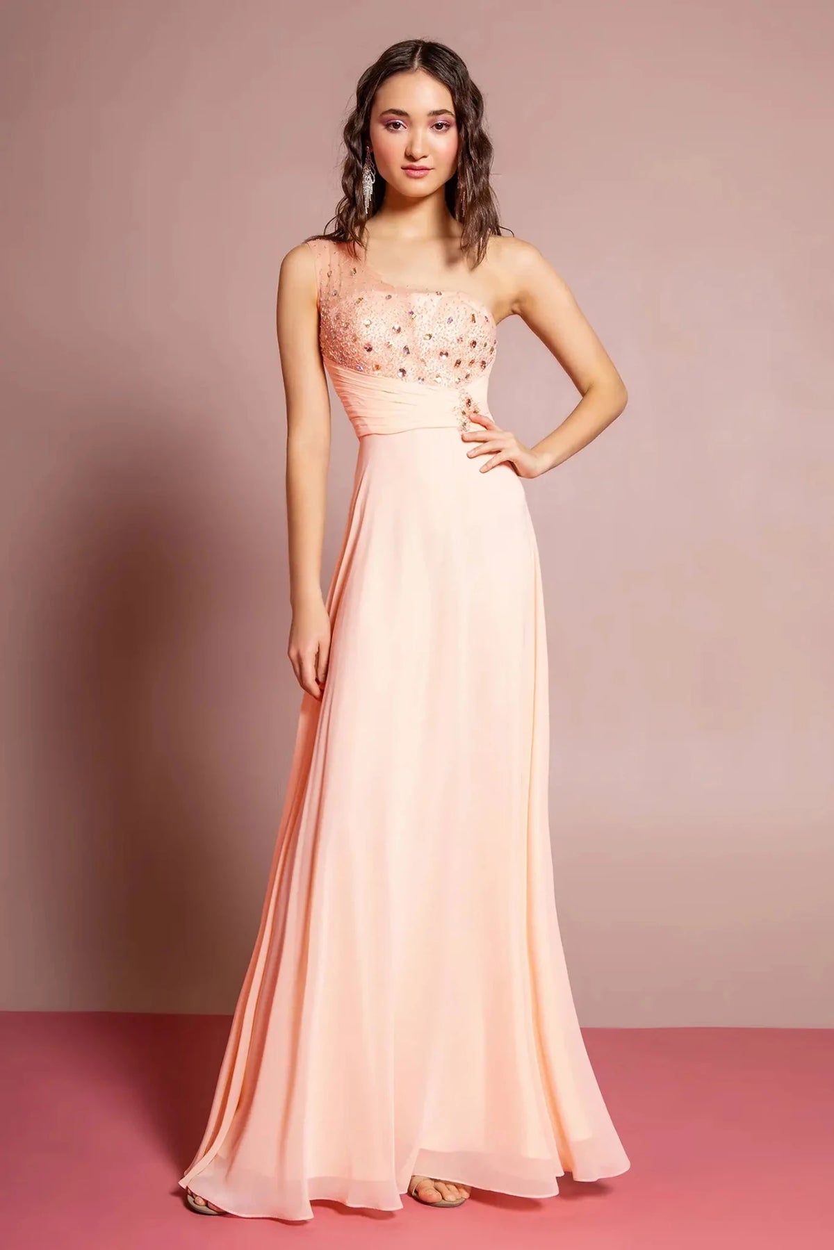 Full-length front view shows beaded one-shoulder styling on the Peach prom evening dress.