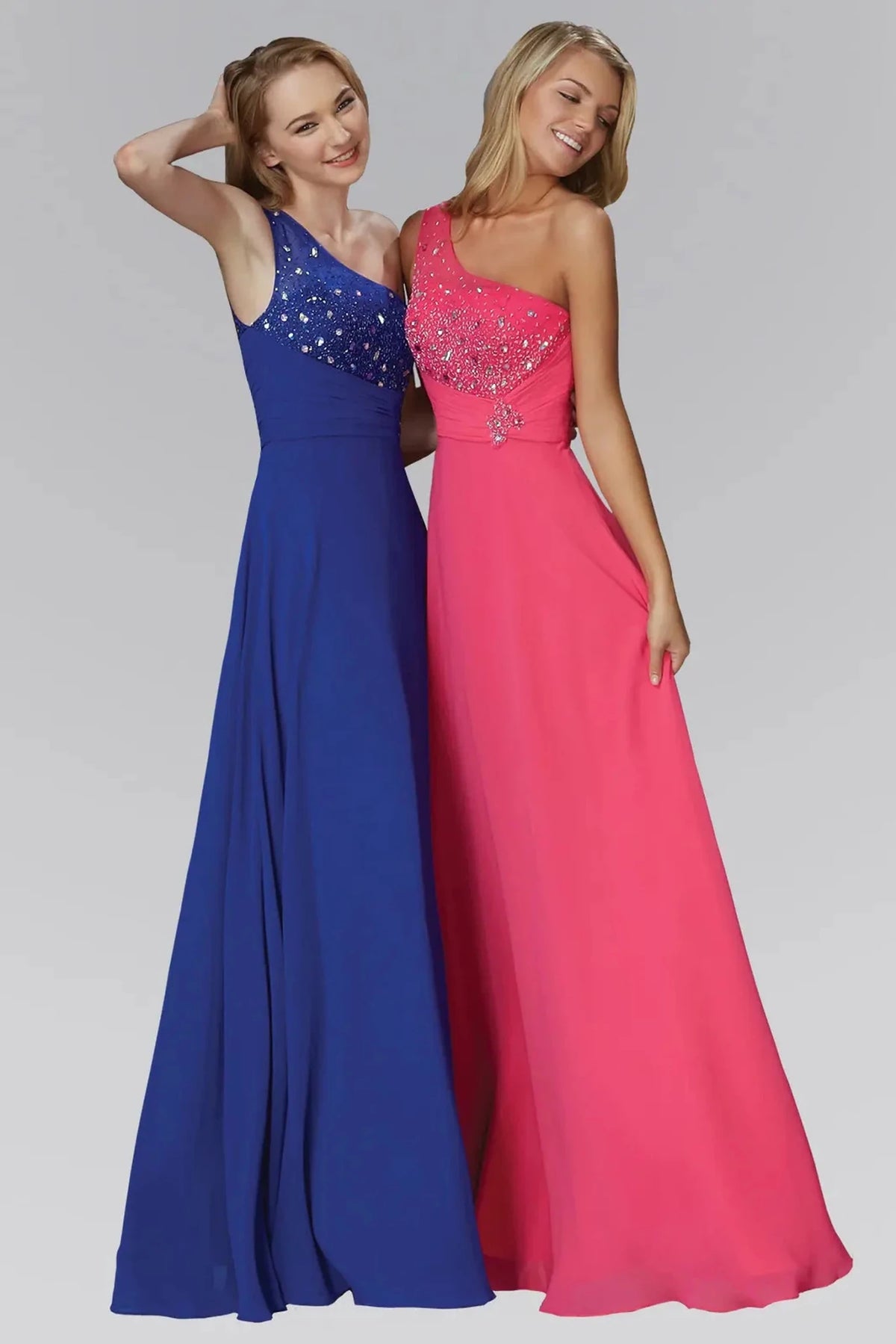 Royal Blue beaded one-shoulder prom evening dress full front