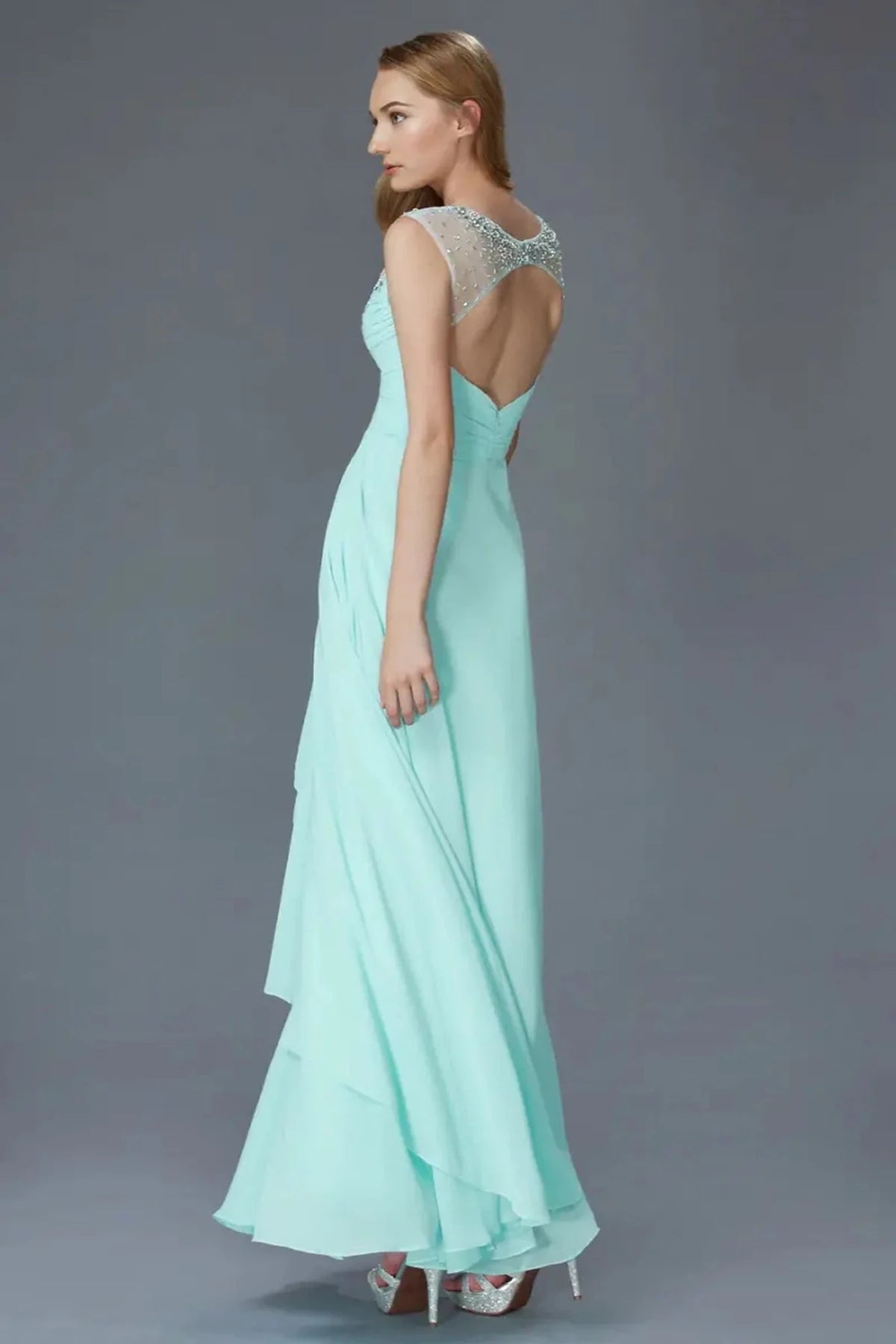 Blue beaded prom evening dress full front