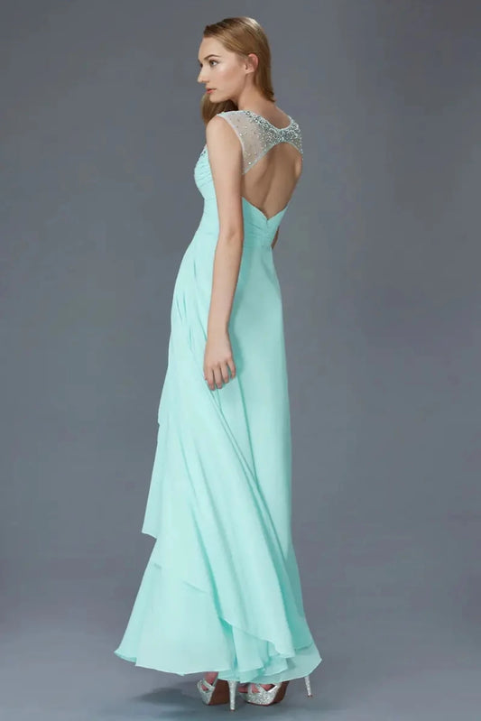 Full-length front view shows beaded styling on the Blue prom evening dress.