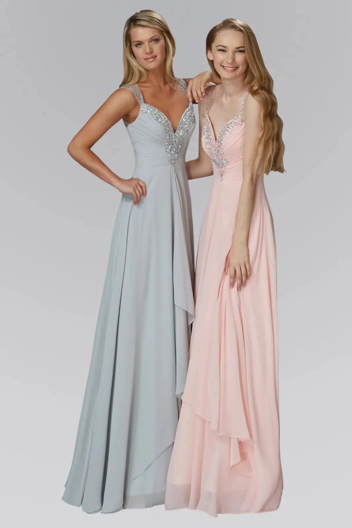 Full-length front view shows beaded styling on the Blush prom evening dress.