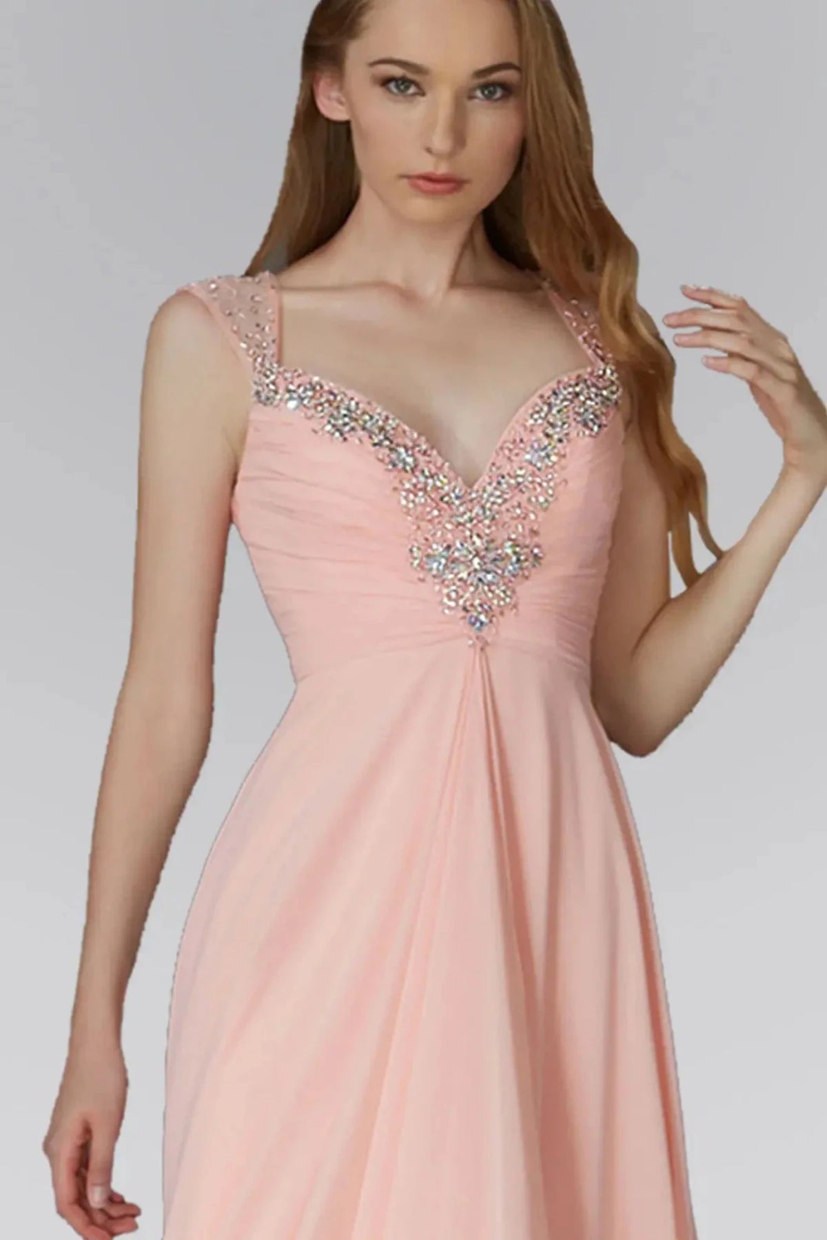 Bodice close-up reveals beadwork across the sweetheart upper bodice of the Blush prom evening dress.