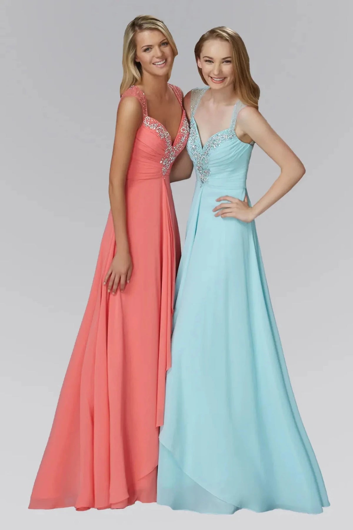 Coral beaded prom evening dress full front