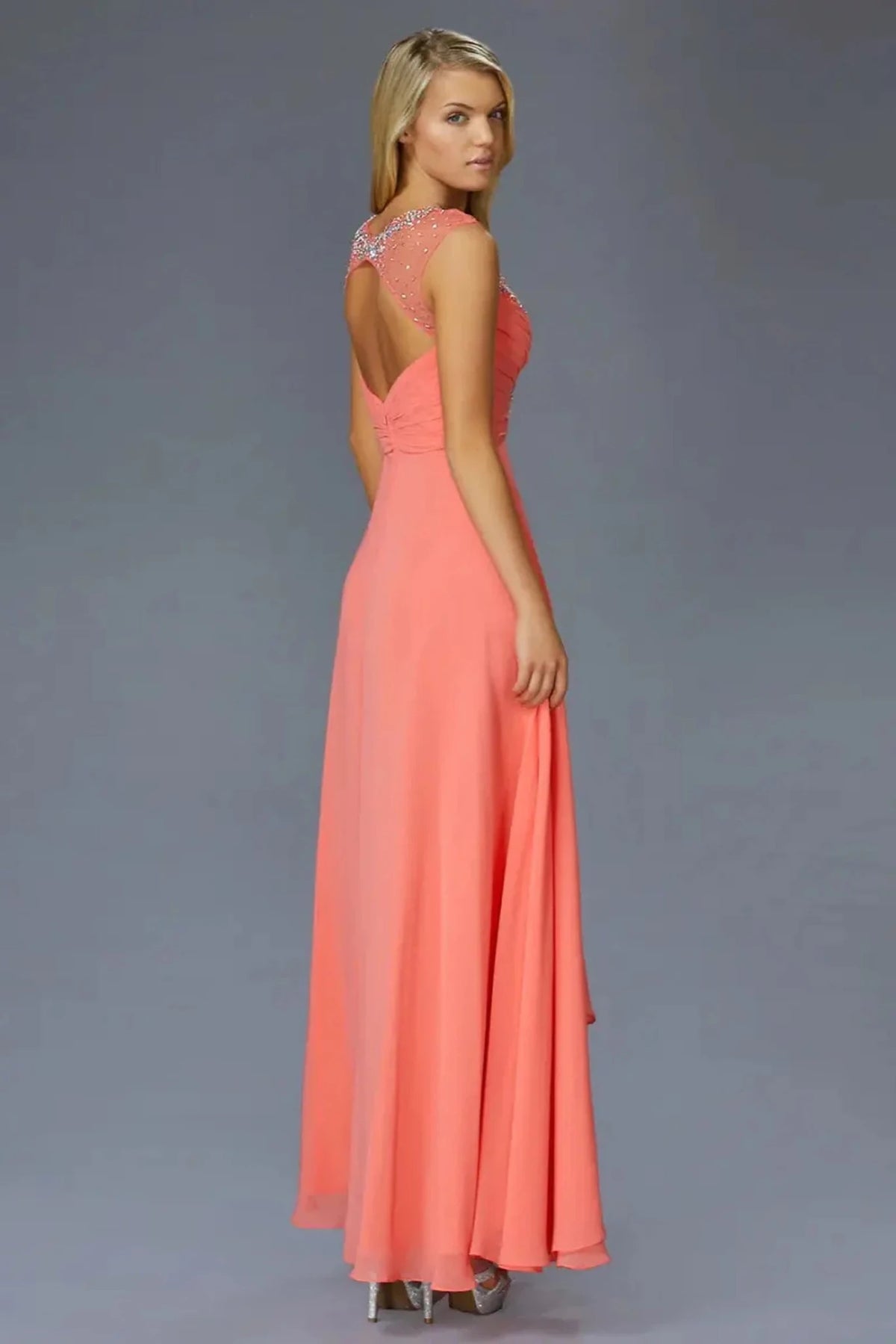 Coral prom evening dress full back with open back