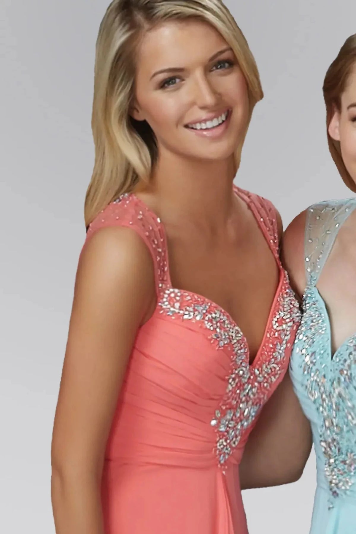 Coral sweetheart prom evening dress upper front with beads