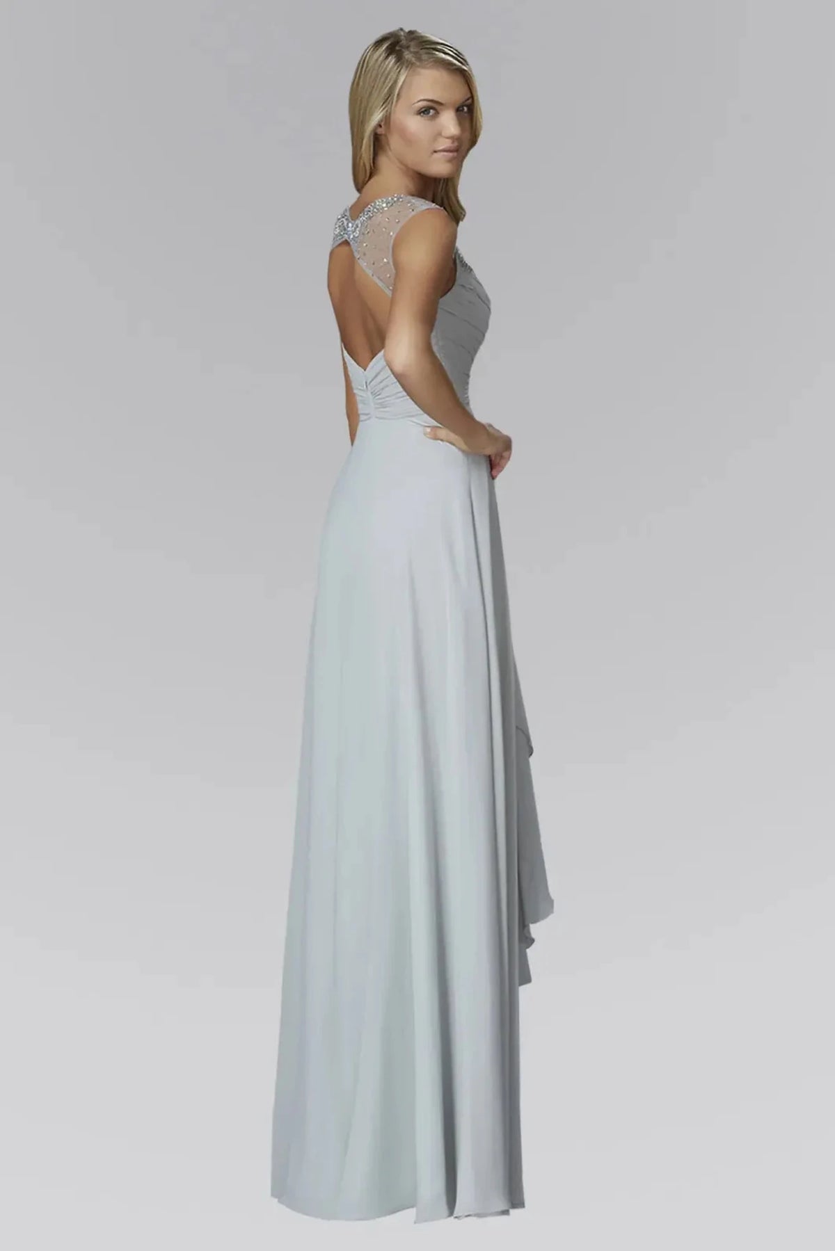 Silver beaded prom evening dress full front
