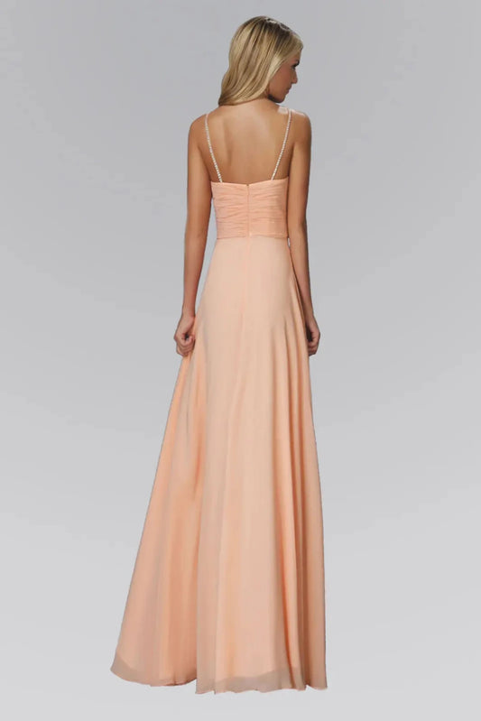 Full-length front view shows beaded styling on the Blush prom evening dress.