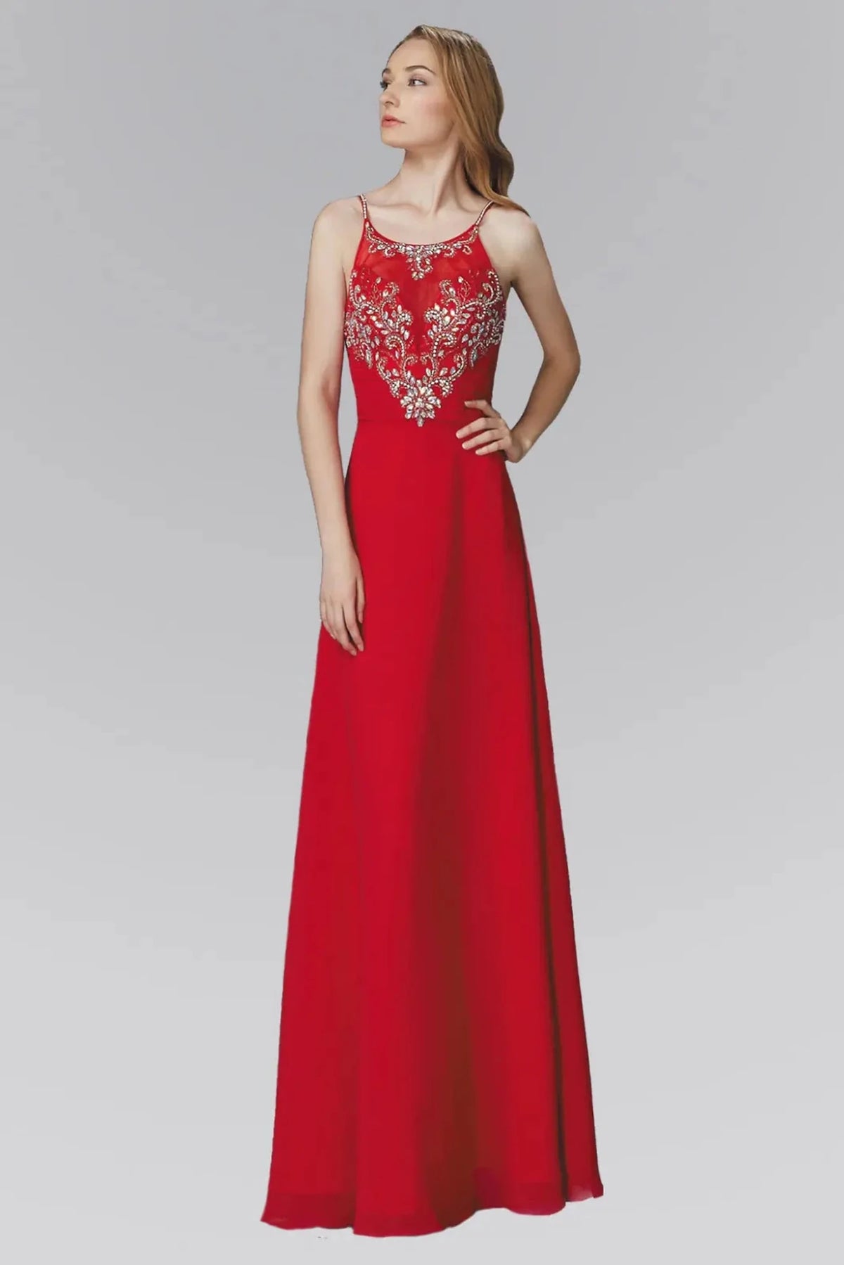 Red beaded prom evening dress full front