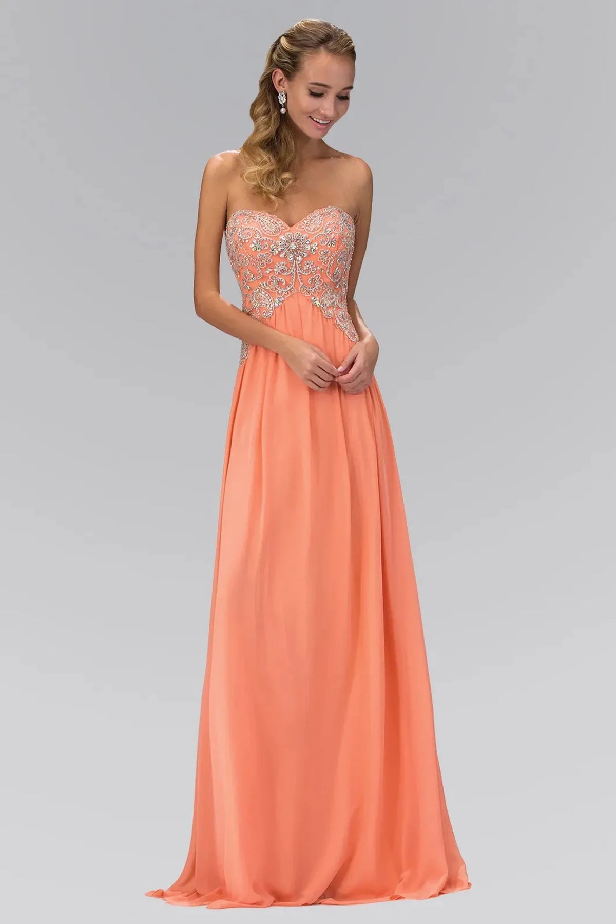 Coral beaded strapless prom evening dress full front