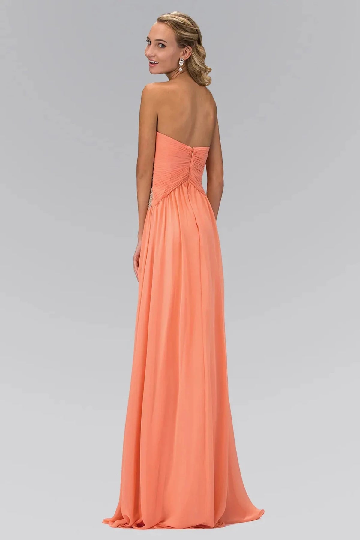 Coral prom evening dress full back with open back