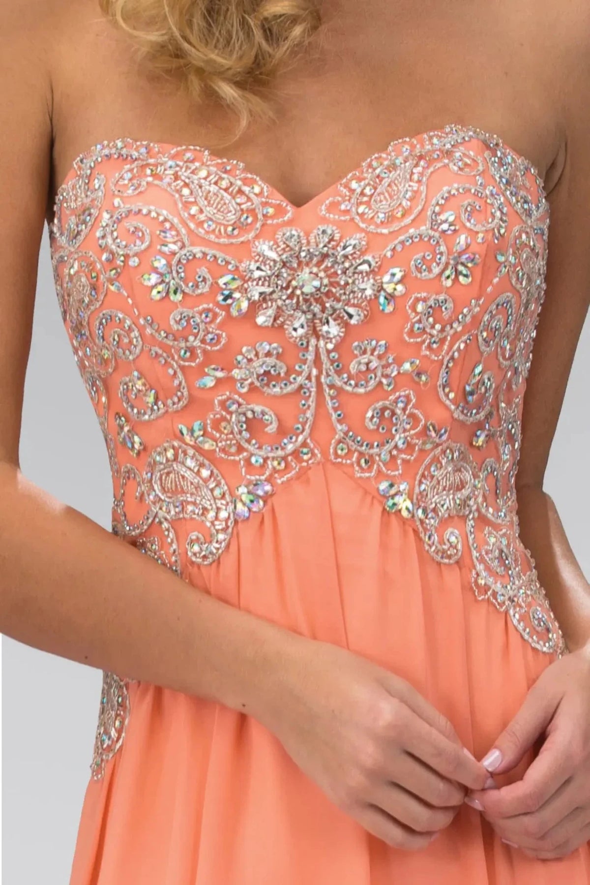 Coral sweetheart prom evening dress upper front with beads