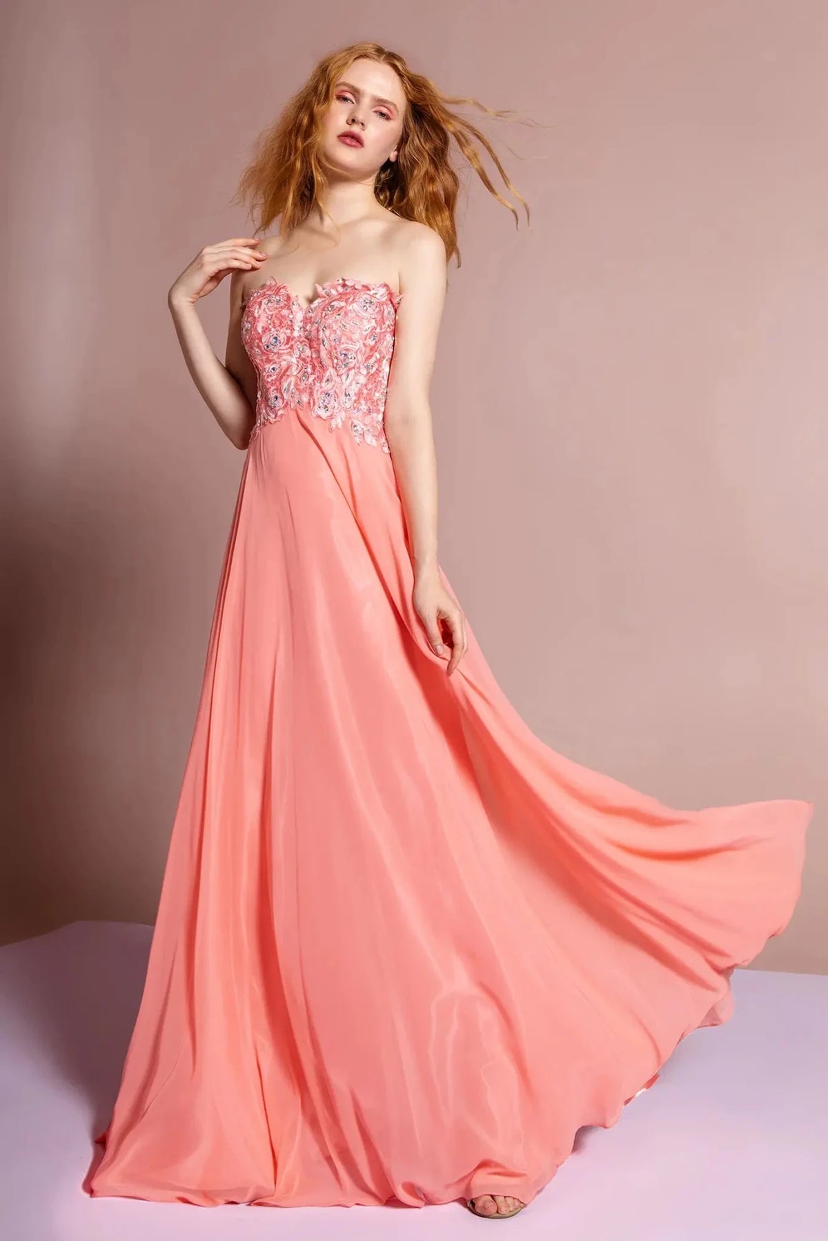 Coral beaded strapless prom evening dress full front