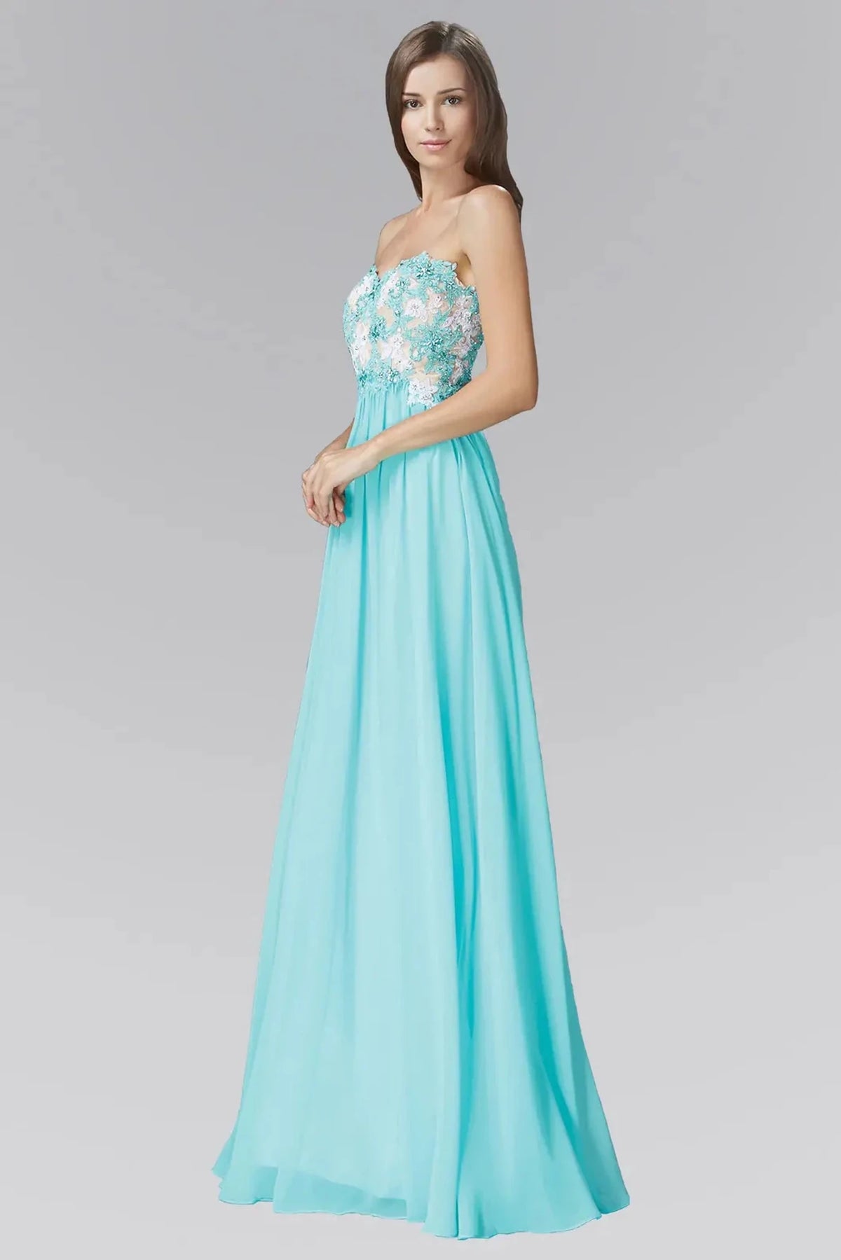 Light Blue embroidered strapless prom evening dress full front