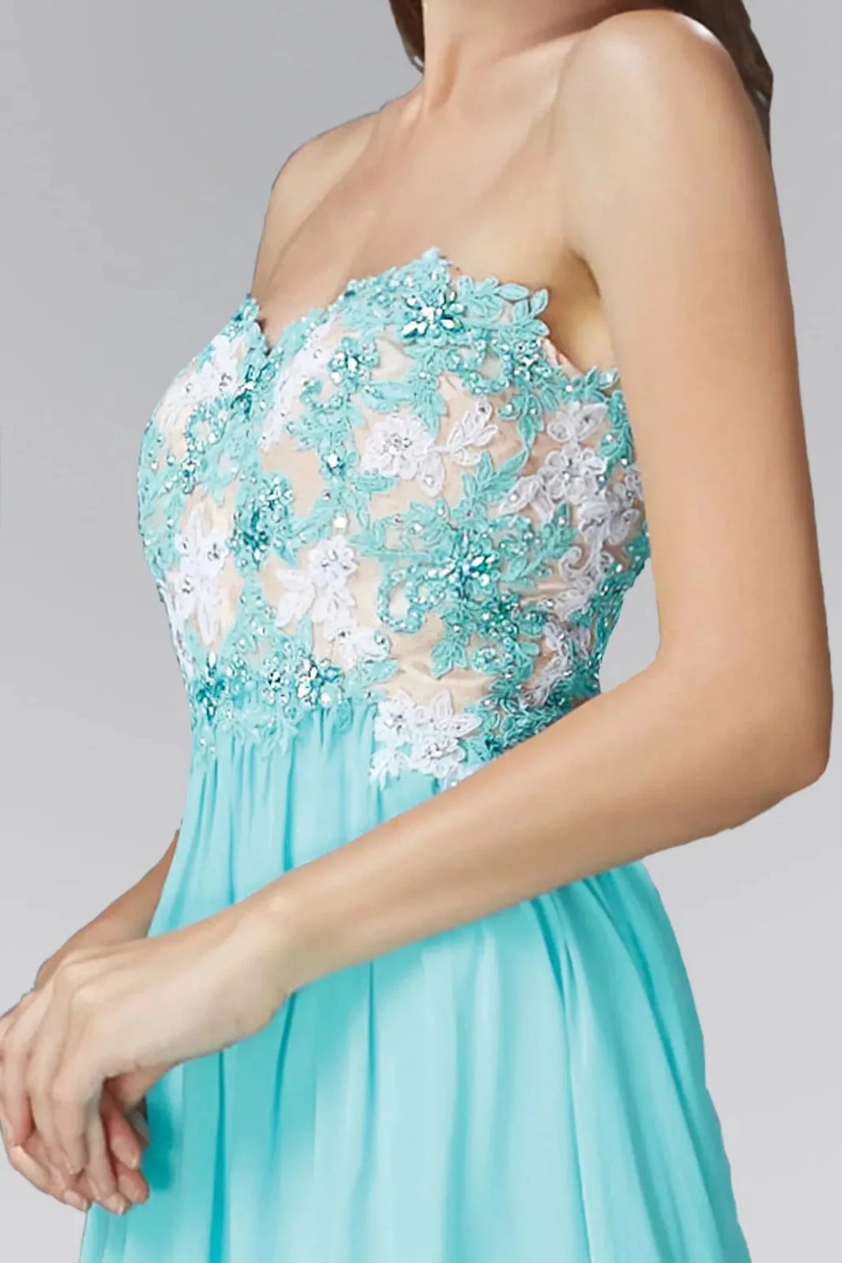 Light Blue prom evening dress full back with open back