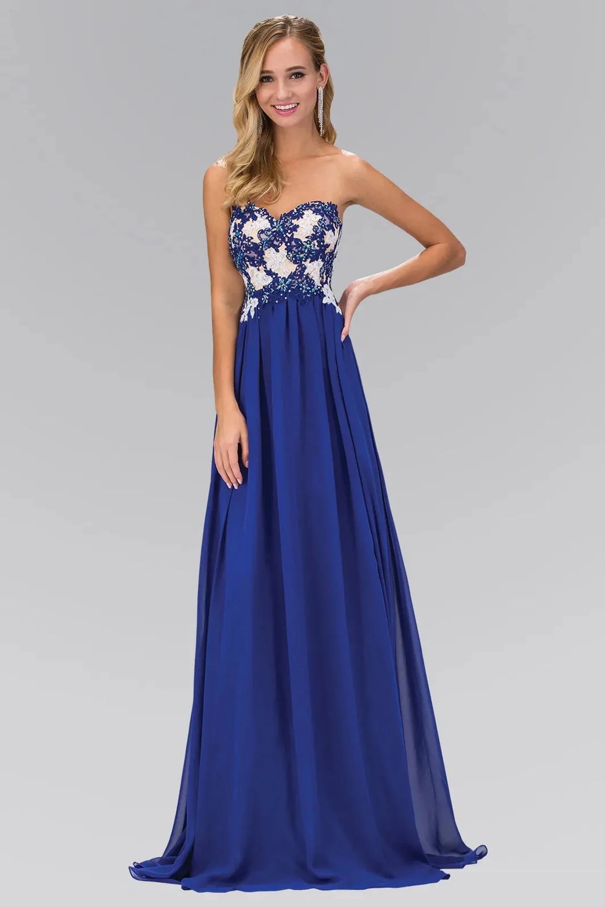 Royal Blue embroidered strapless prom evening dress full front