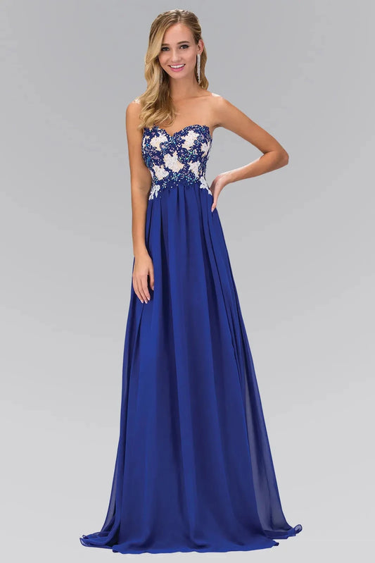 Full-length front view shows embroidered strapless styling on the Royal Blue prom evening dress.
