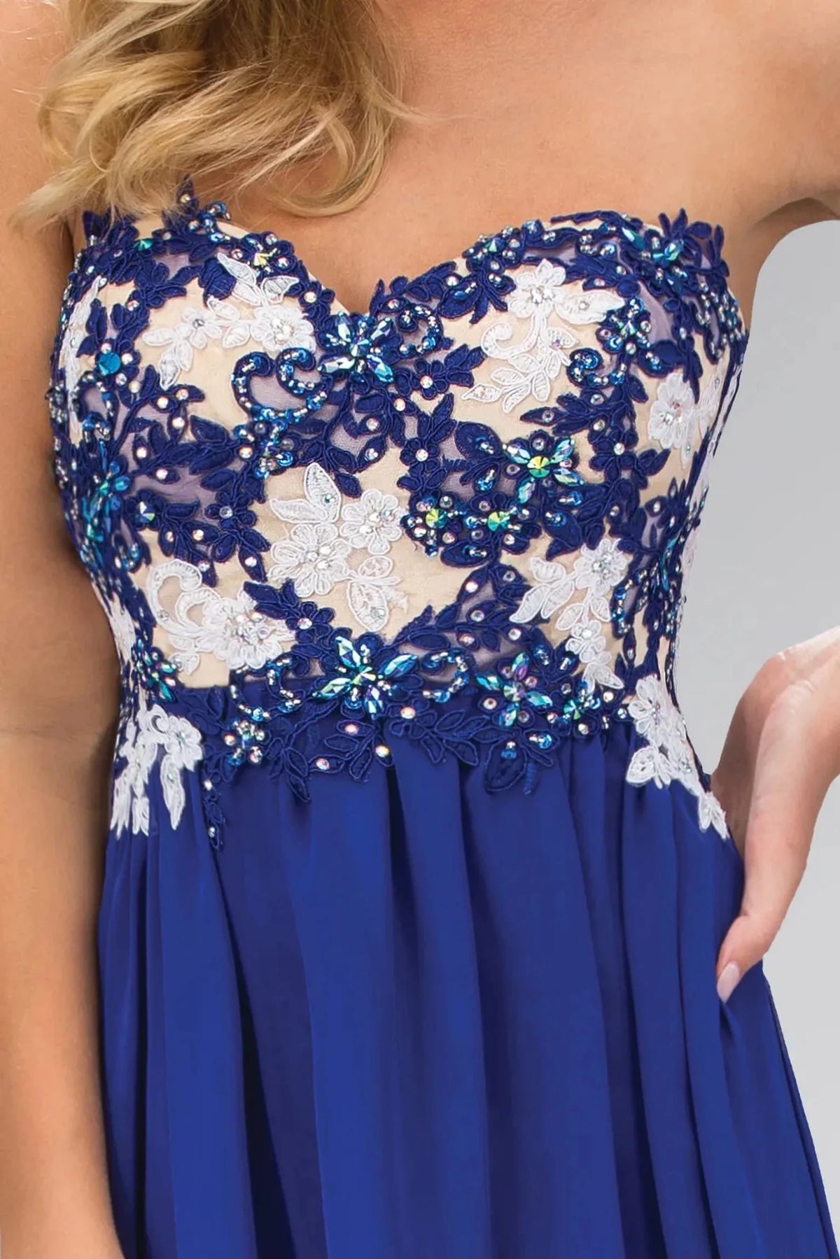 Royal Blue sweetheart prom evening dress upper front with beads, embroidery
