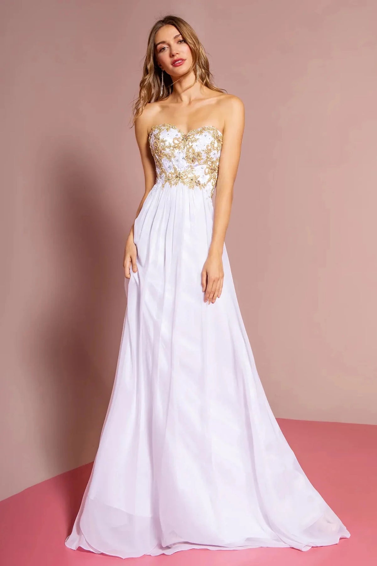 White embroidered strapless prom evening dress full front