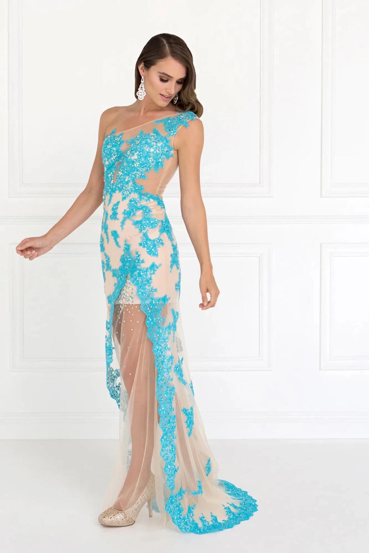 Turquoise/Nude beaded one-shoulder prom evening dress full front