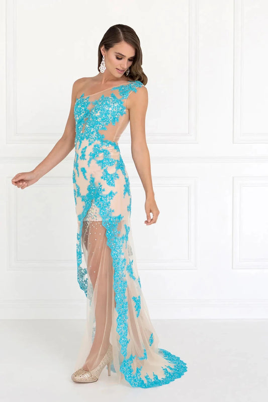 Full-length front view shows beaded one-shoulder styling on the Turquoise/Nude prom evening dress.