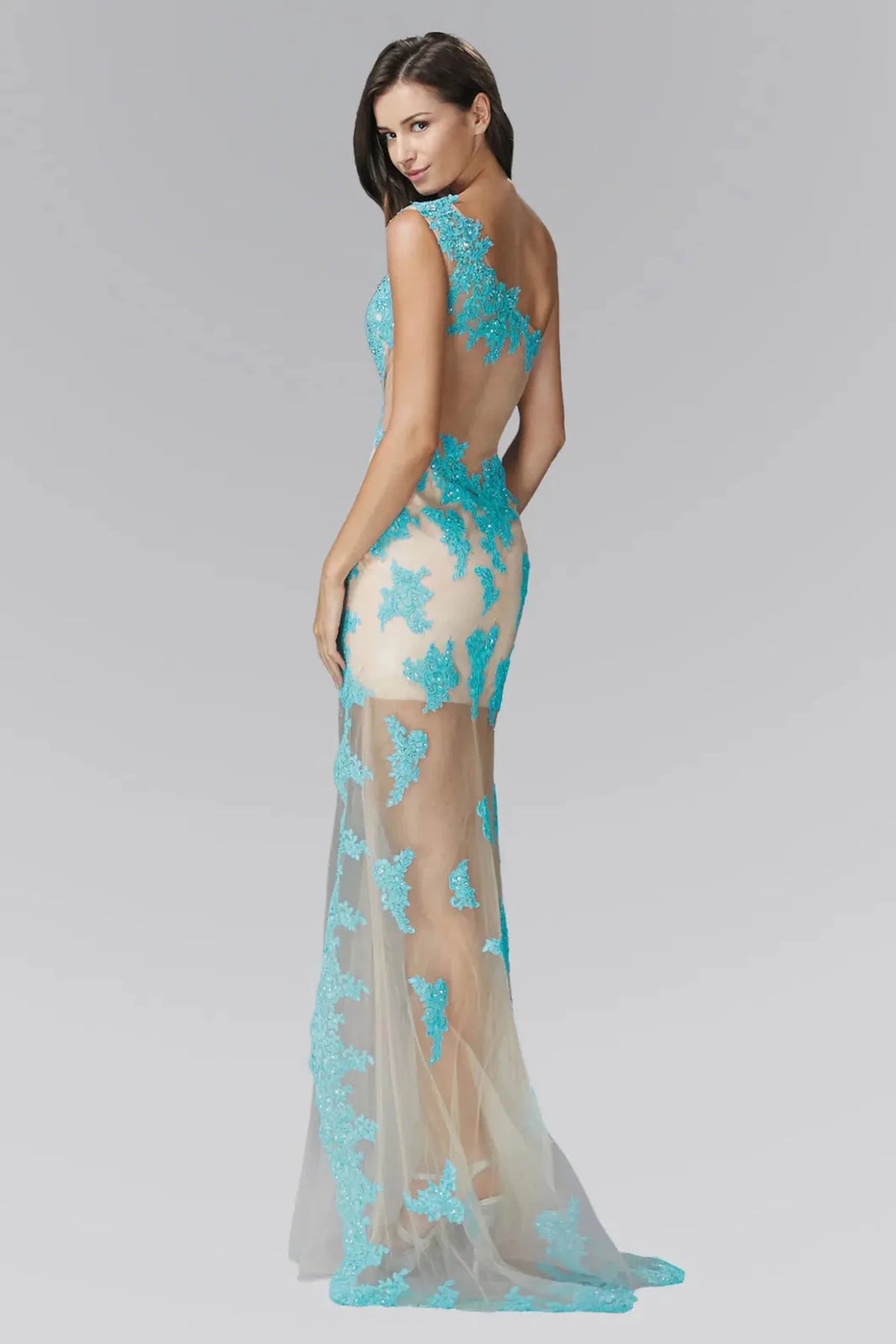Turquoise/Nude prom evening dress full back with sheer back