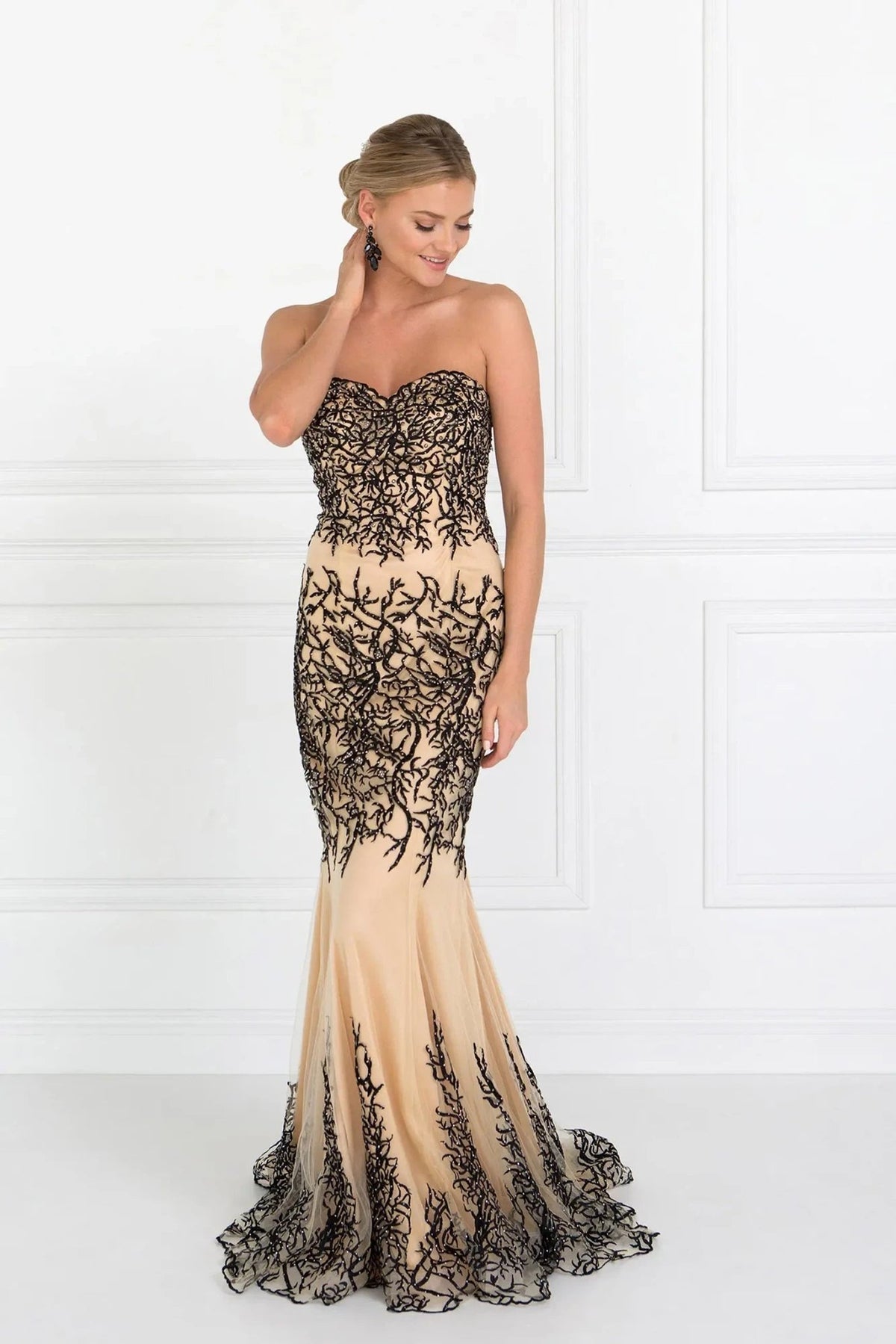Black embroidery formal dress front bodice view