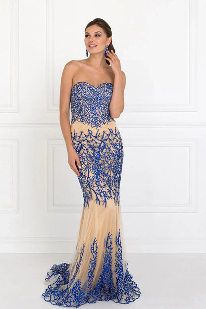 Skirt detail shows royal Blue embroidery formal dress skirt detail.
