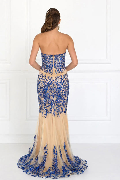 Back detail shows royal Blue embroidery formal dress back bodice detail.