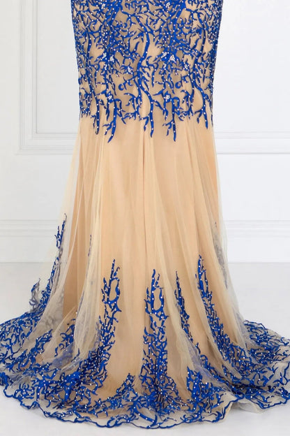 Full-length view highlights royal Blue embroidery formal dress.