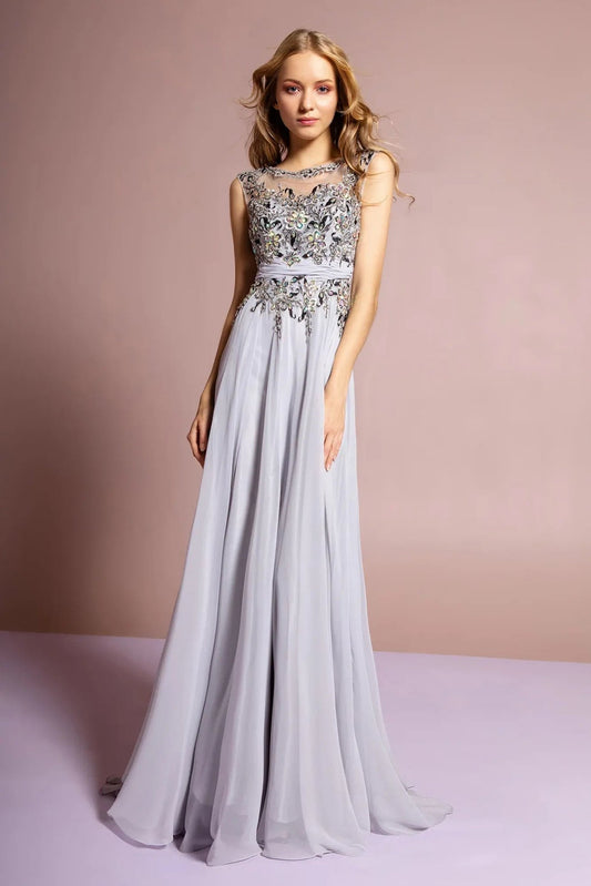 Bodice close-up highlights silver beading embellished formal dress.