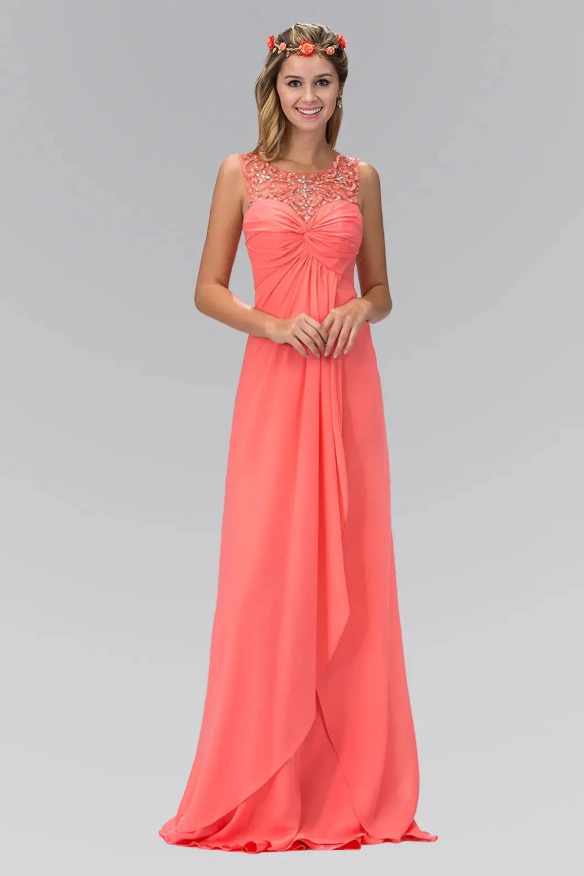 Coral beaded prom evening dress full front