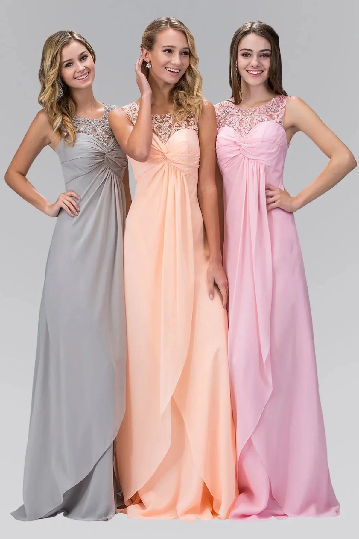 Full-length front view shows beaded styling on the Peach prom evening dress.