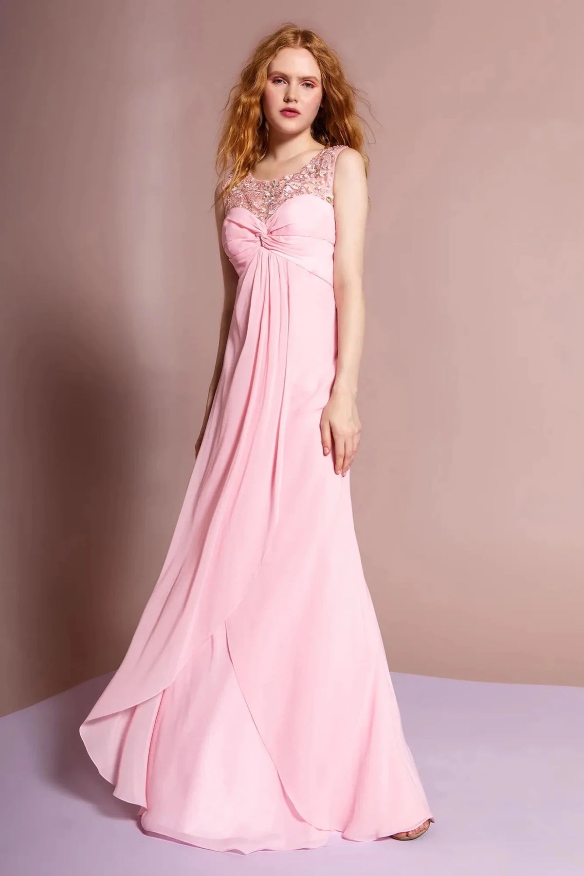 Pink beaded prom evening dress full front