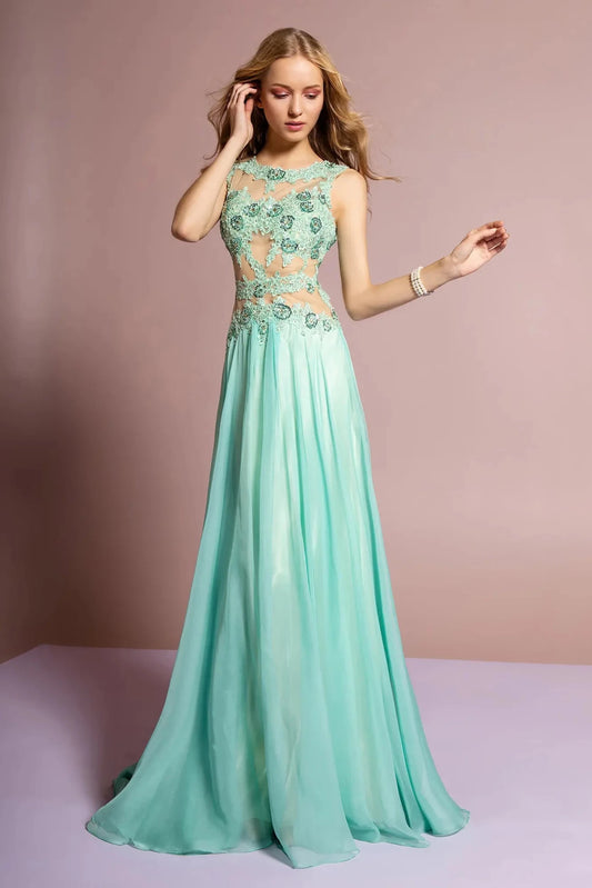 Full-length front view shows beaded styling on the Tiffany prom evening dress.