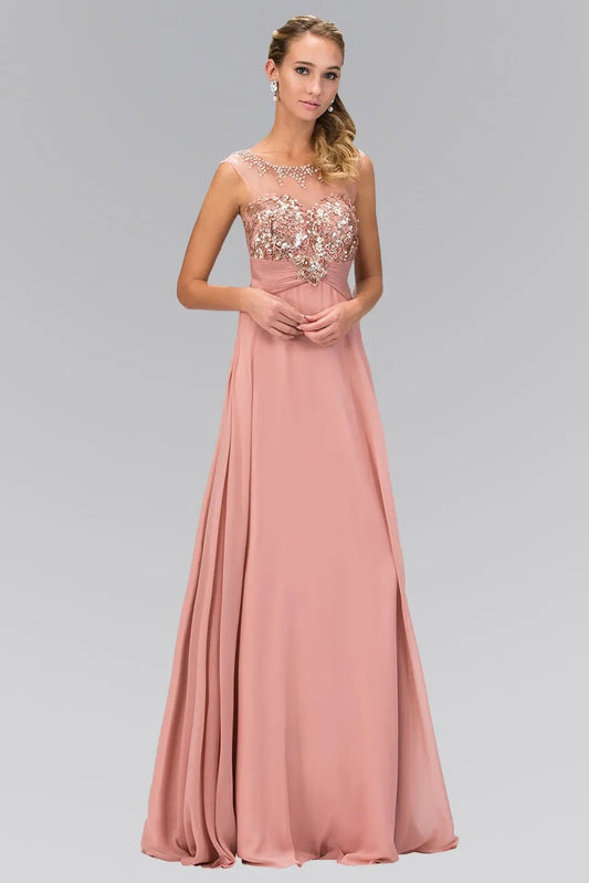 Full-length view highlights dusty Rose beading sequins formal dress.