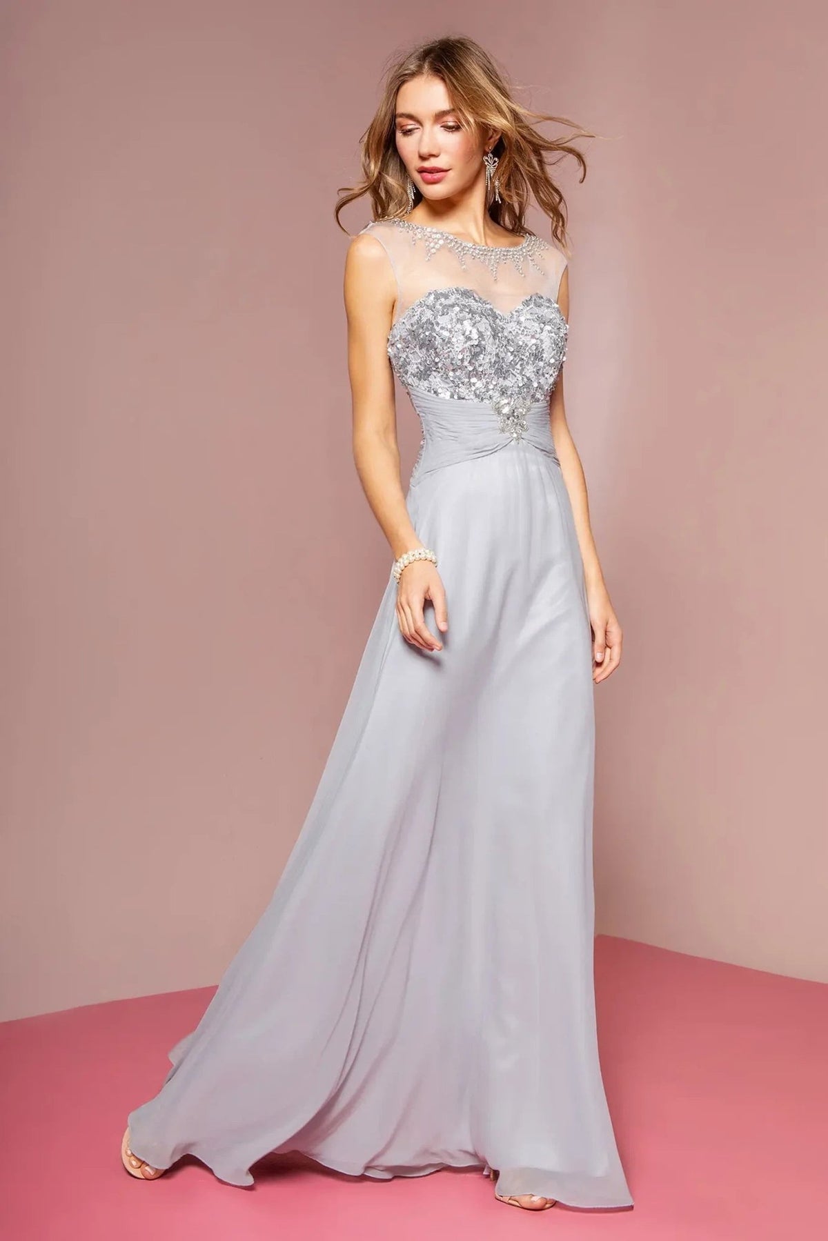 Silver beading sequins formal dress front bodice view
