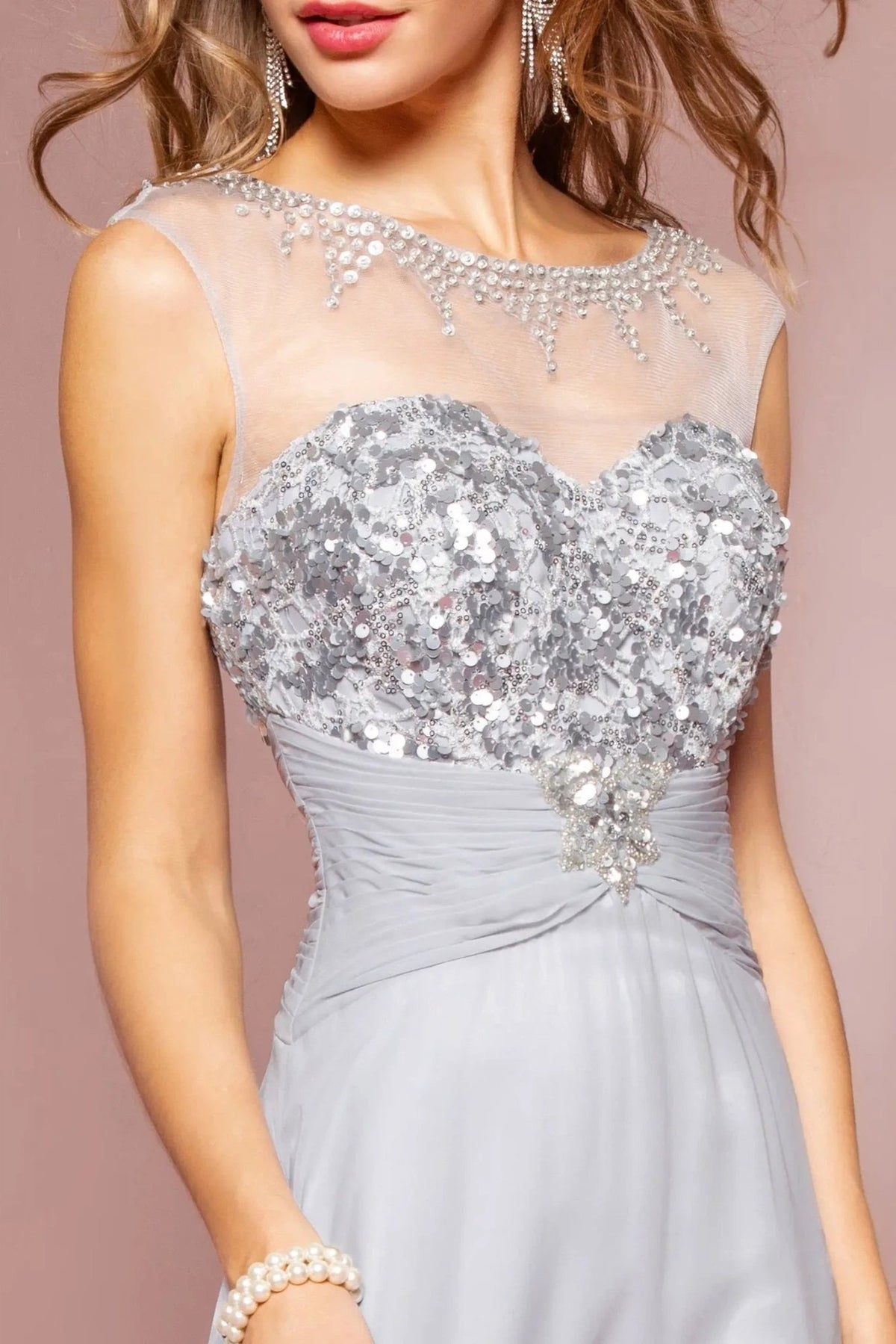 Silver beading sequins formal dress side detail
