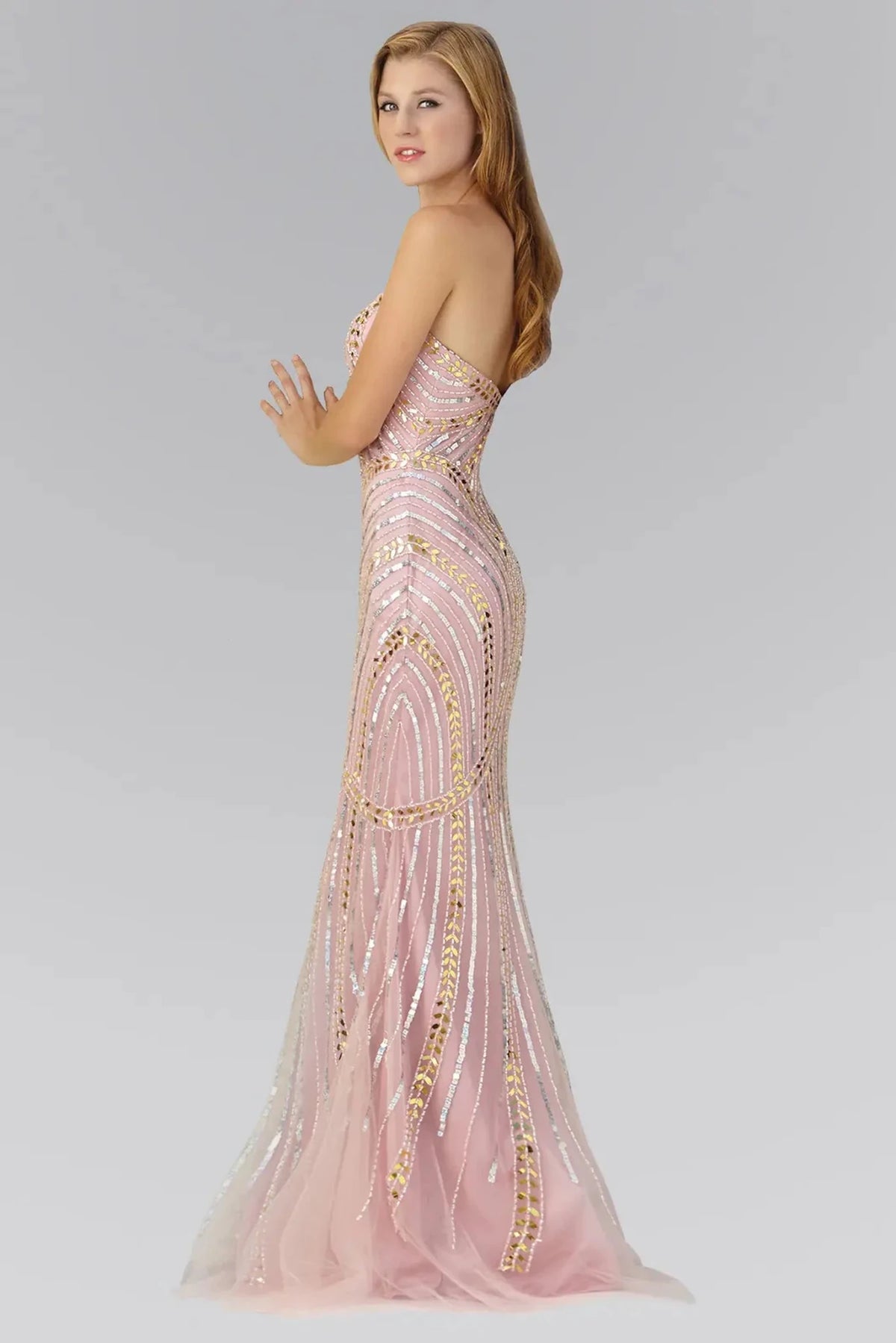 Dusty Rose prom evening dress full back with open back