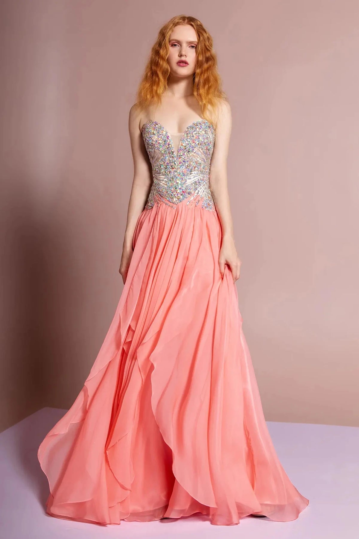 Coral sequin strapless prom evening dress full front