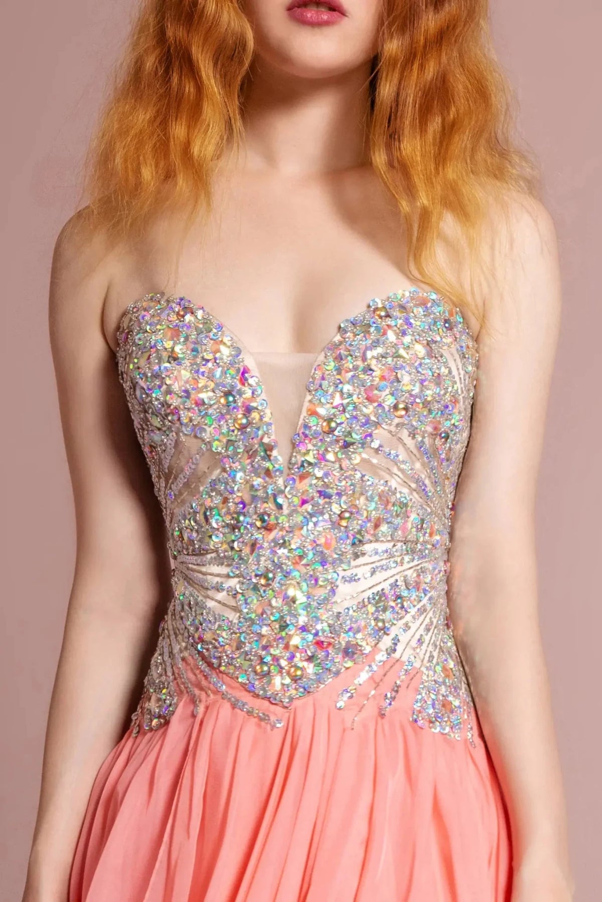 Coral prom evening dress full back with open back