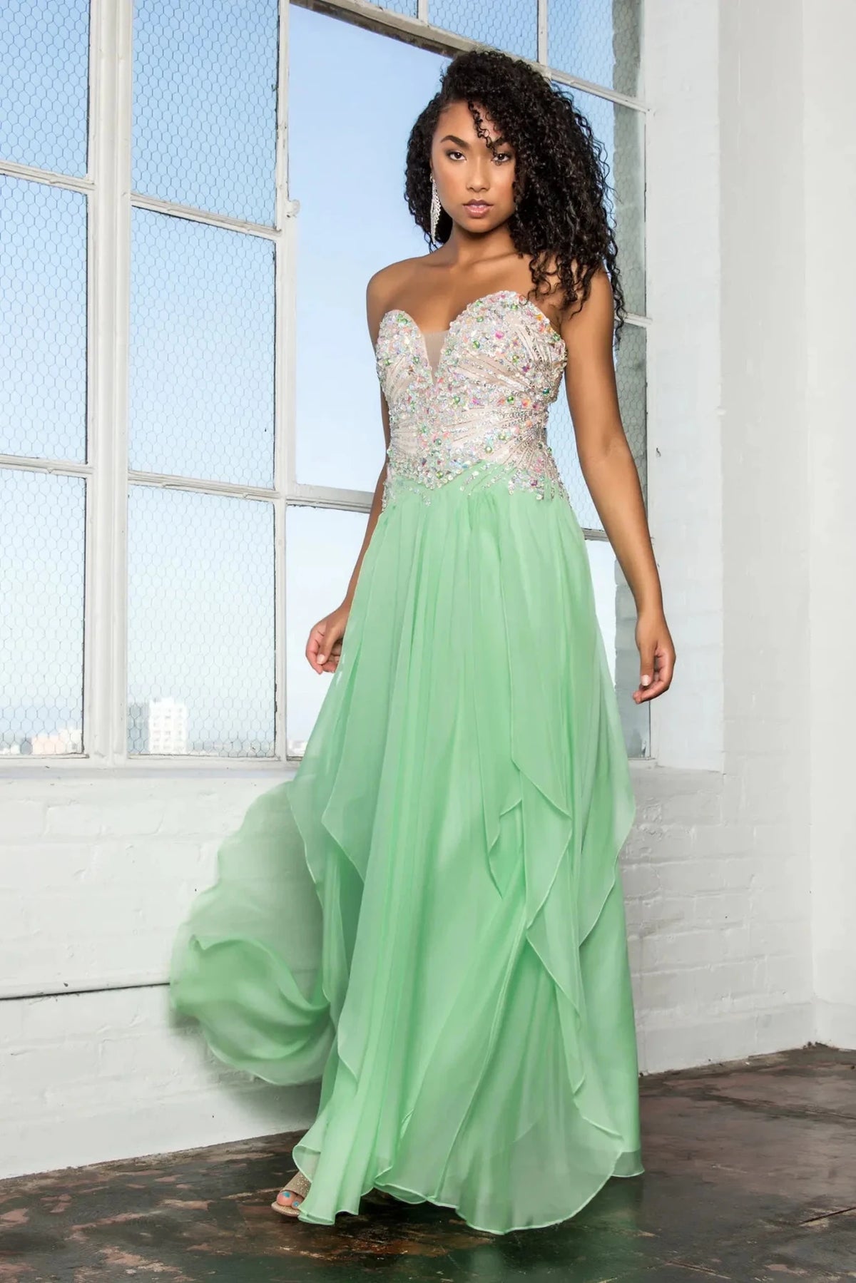 Light Green sequin strapless prom evening dress full front