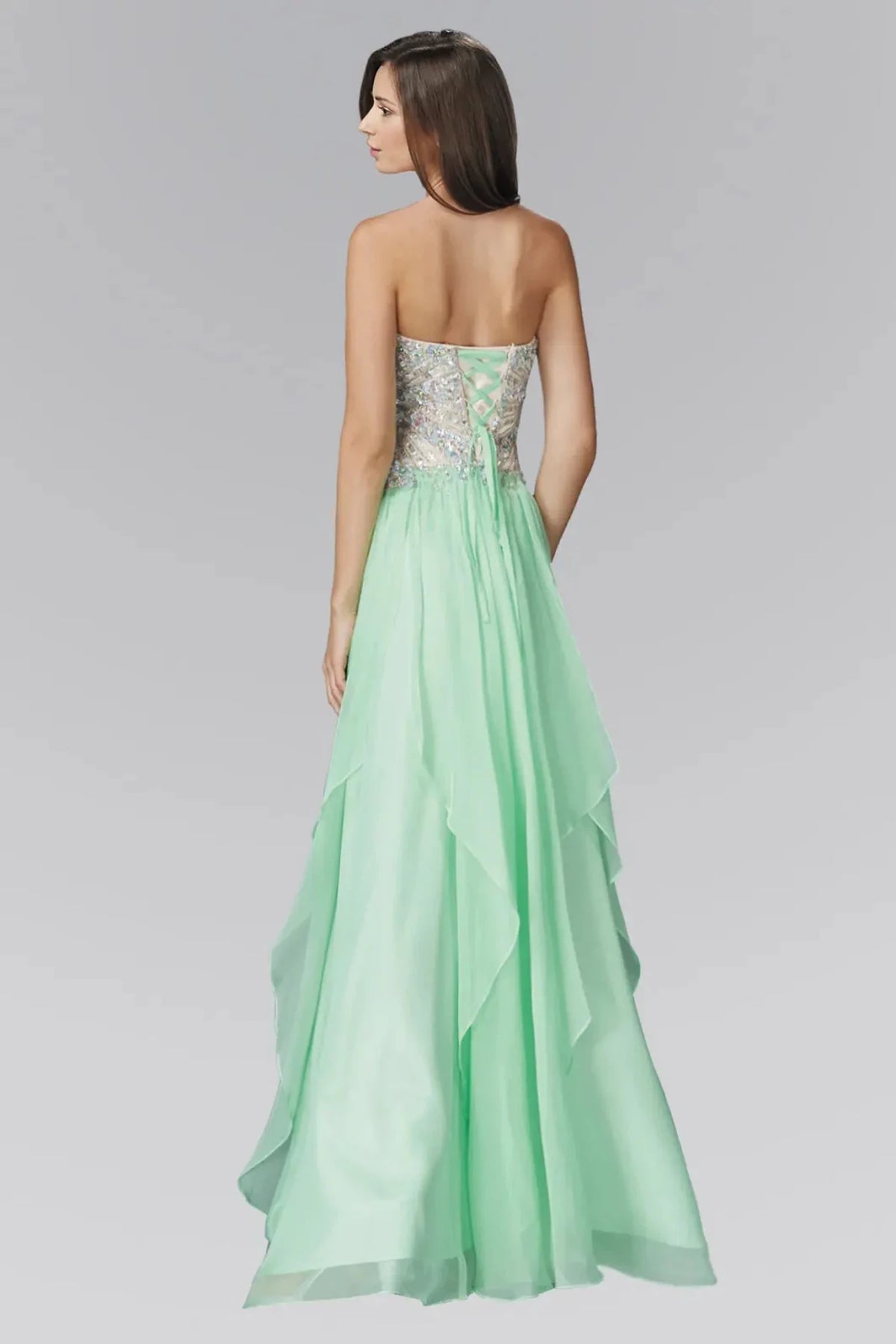 Light Green prom evening dress full back with open back